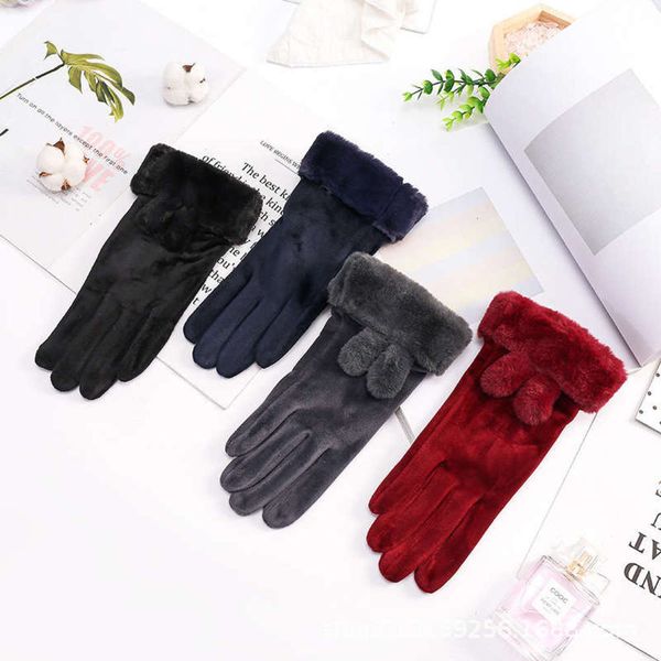 

korean version of velvet screen new five finger gloves fur mouth rabbit ears outdoor riding women' warm winter gloves, Blue;gray