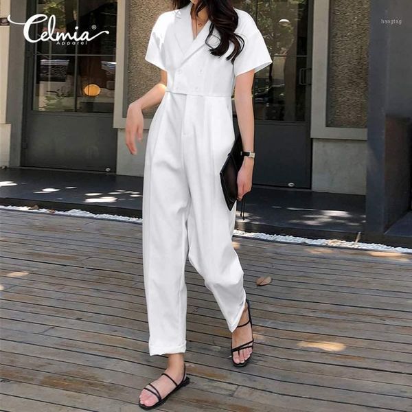 

celmia summer women elegant style rompers casual female short sleeve jumpsuits lapel buttons solid playsuits wide leg pants1, Black;white