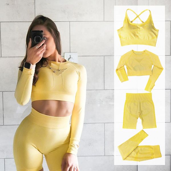 

new 2/4pcs seamless sport set women hollow out crop long sleeve yoga suit workout outfit running leggings fitness sportwear y1225, Gray