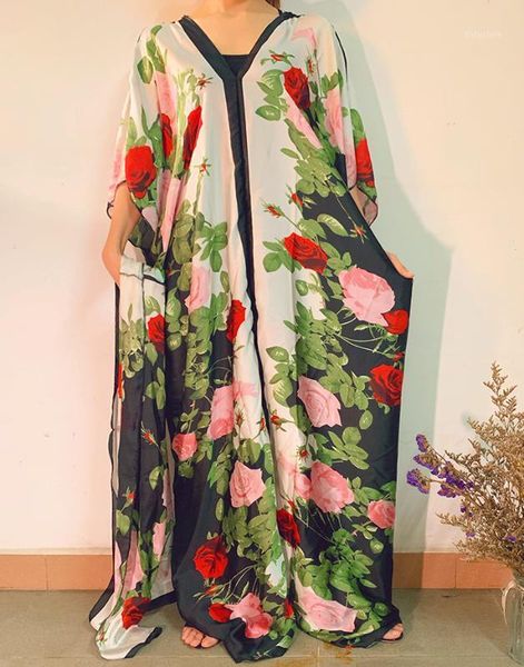 

african dresses for women size v-neck european printed silk kaftan maxi dresses robe africaine bazin fashion clothing1, Red