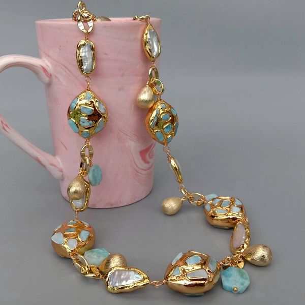 

kkgem natural blue larimar chips beads natural cultured white biwa pearl pave gold plated chain long necklace 30", Silver