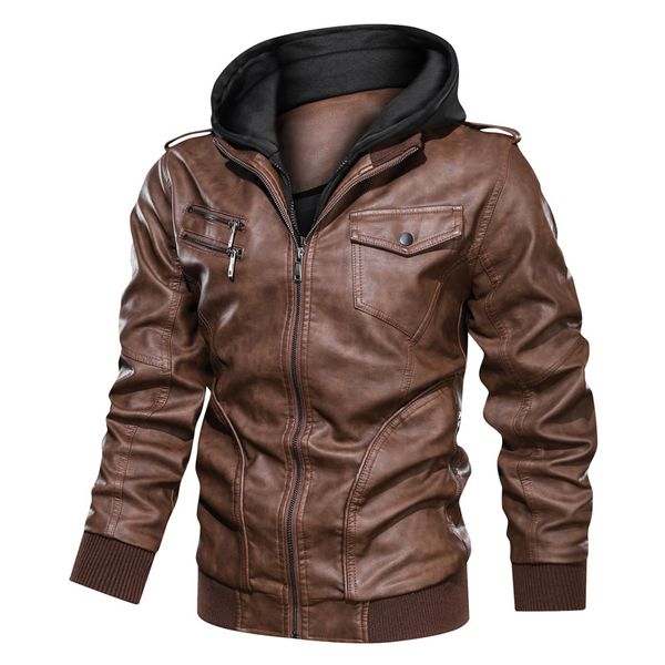 

dropshipping brand faux double collar hooded zipper leather jacket men fashion motocycle jacktes kg-21, Black