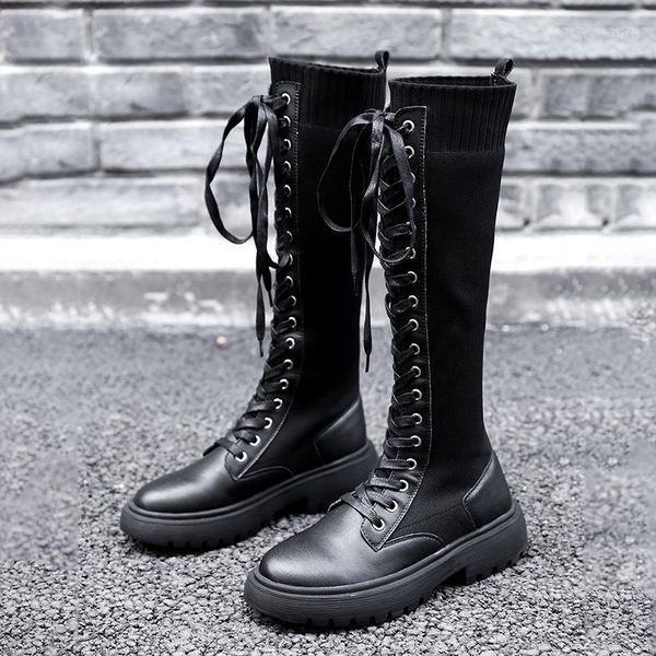 

boots black genuine leather woven knee female elastic women's thick with fake belt high leather1