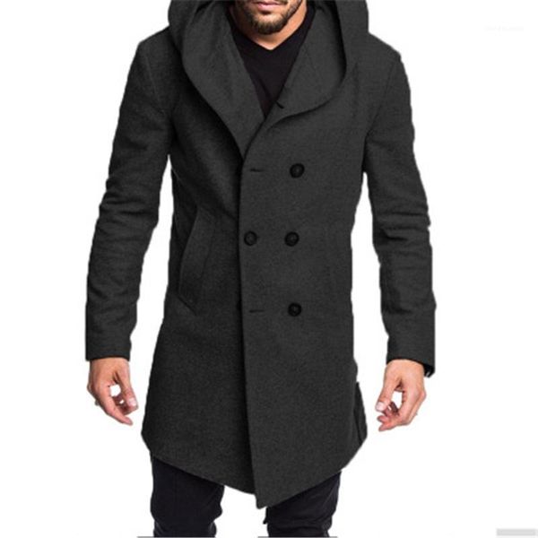 

coat fashion trend long sleeve cardigan double breasted windbreaker outerwear male winter casual mid-length coats man woolen blends hooded, Black