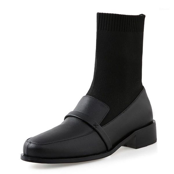 

boots fashion genuine leather square toe elastic thin women's short trendy socks wild thick heel slip-on ankle1, Black