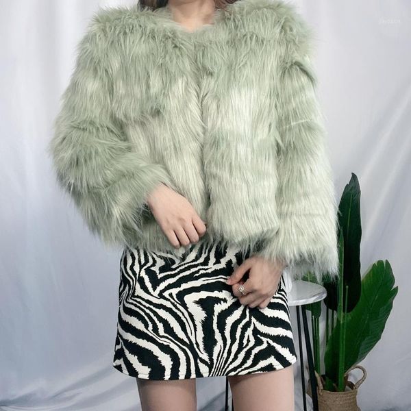 

winter 2021 women coat warm thick solid long sleeve outfit fashion faux fur jacket1, Black