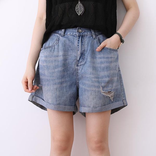 

denim pants women hole summer thin high waist female shorts fashion loose plus-size casual women shorts, Blue