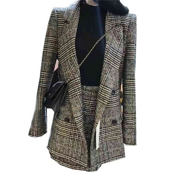 

two piece dress jsxdhk plus size autumn winter women skirt suits runway houndstooth plaid tweed woollen blazer coat + short a line fu8e, White
