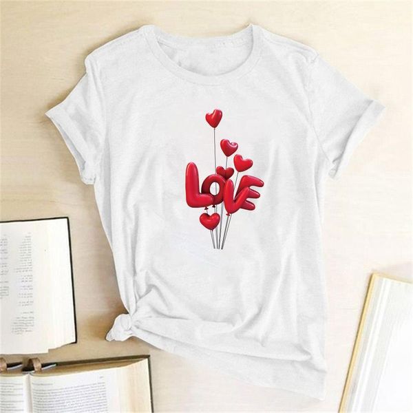 

heart love balloon print t-shirt o neck short sleeve women tshirt cotton printed for ladies girls gift tee shirt femme, White
