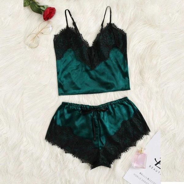 

2020 floral lace cami pajama set women black short set casual summer nightwear ladies satin sleepwear pyjamas femme^r1, Black;red