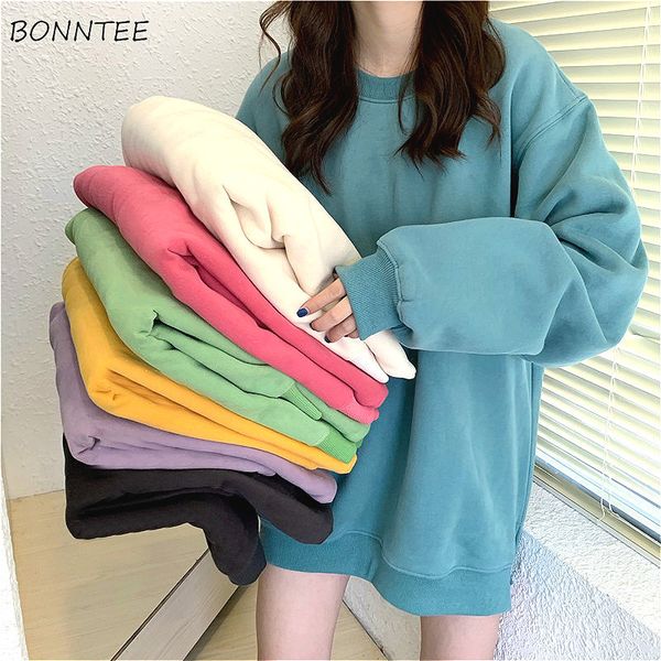 

hoodies women plus velvet warm all-match solid oversize ulzzang korean style womens o-neck students harajuku hoodie streetwear, Black