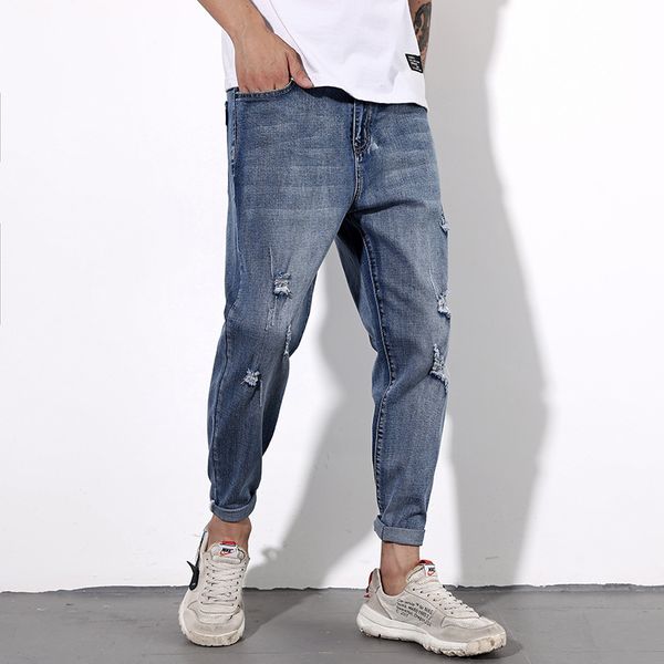 

men's jeans summer capri hole pants large size stretch harem loose thin men, Blue