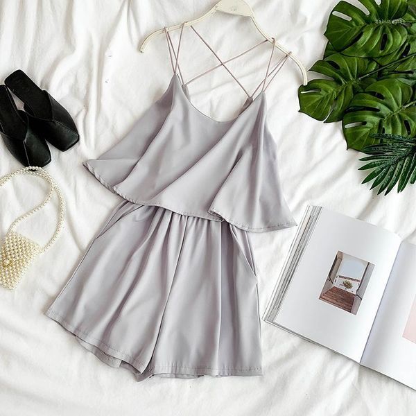 

2019 new fashion women's romper solid color ruffled cross straps side pants seaside holiday casual jumpsuits1, White