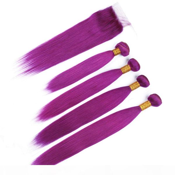 

pure purple human hair bundles 4pcs with closure 5pcs lot straight purple colored peruvian virgin hair weaves with 4x4 lace closure, Black;brown