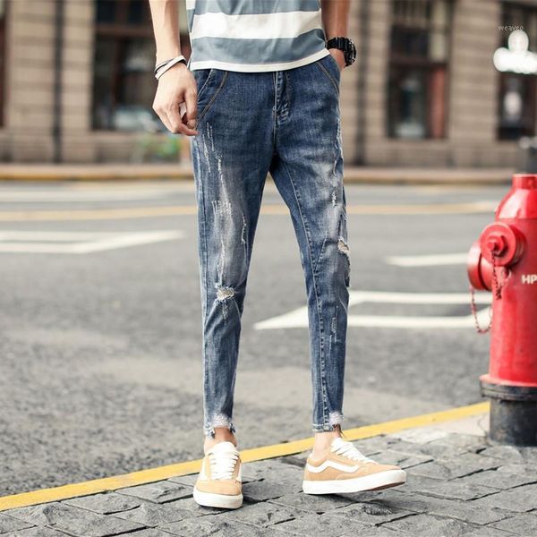

men's summer jeans men's fashion casual slim denim trousers solid color hole denim ankle length pants1, Blue