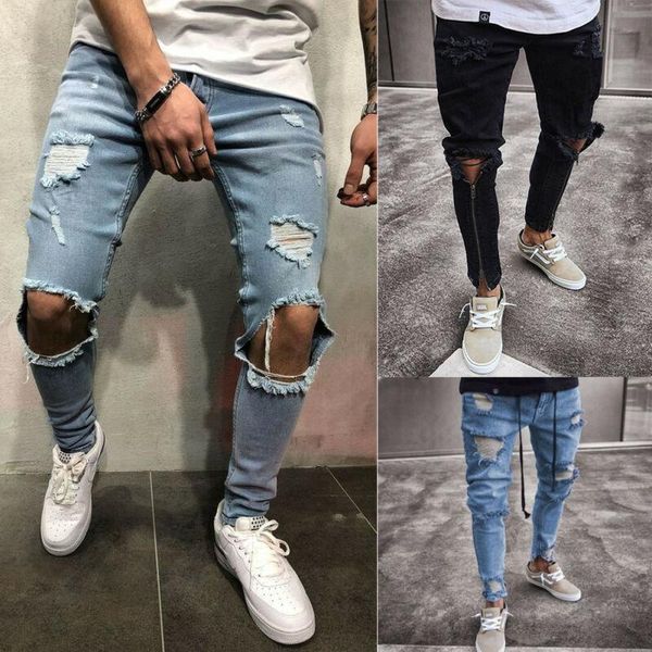 

mens cool designer brand black jeans skinny ripped destroyed stretch slim fit hop hop pants with holes for men, Blue
