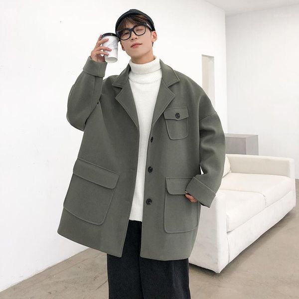 

2020 winter men's loose windbreaker thickened woollen blends cashmere long wool trench coats snow jackets in warm parkas s-2xl1, Black