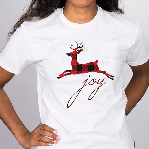 

women graphic plaid deer short sleeve cartoon 90s holiday merry christmas tees clothes print lady female t shirt t-shirt, White