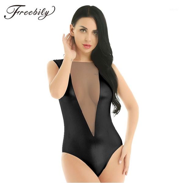 

one piece swimsuit women monokini shiny metallic lingerie sleeveless mesh front backless high cut leotard bodysuit clubwear1, White;black