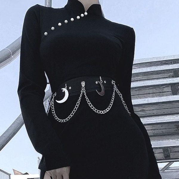 

урожай cheongsam bodycon сексуального мини платья женщины готического streetwear с длинным рукавом pearl кнопка женской партия элегантного п, Black;brown