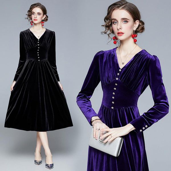 

elegant vintage women winter purple v neck pleated velvet long sleeve dress slim female party banquet dresses vestidos, Black;gray