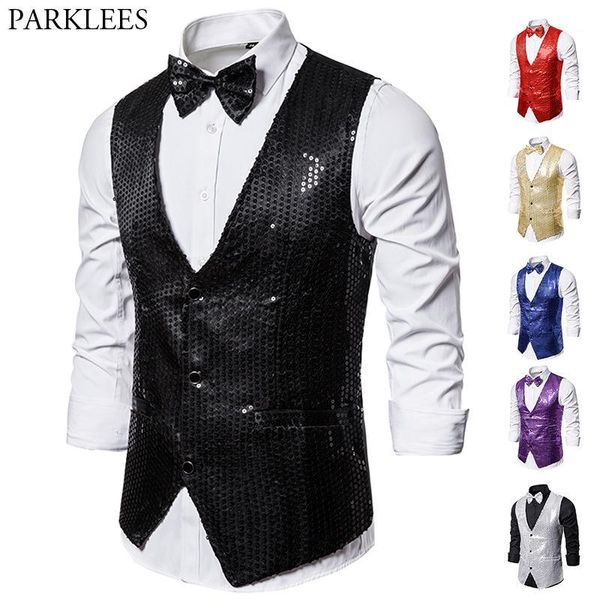 

black full sequins paillette waistcoat slim fit v neck shiny glitter vests mens party wedding nightclub stage vest with bowtie1, Black;white