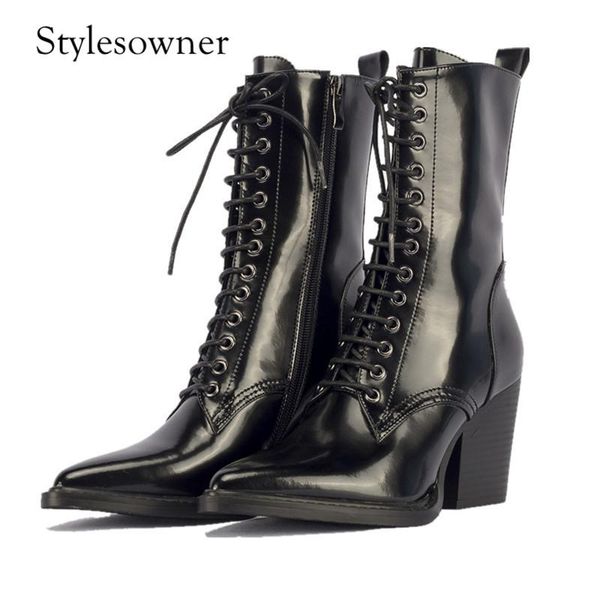 

boots stylesowner euramerican style genuine leather woman motorcycle patent high heels 8cm smooth trends, Black