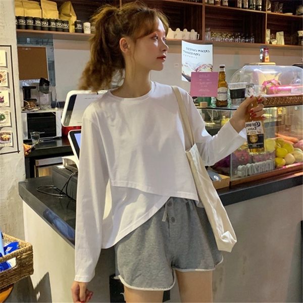 

2020 spring and autumn new fashion long sleeve women's ins super t-shirt t-shirt ure color irregular ins korean bottoming fashion sarof, White