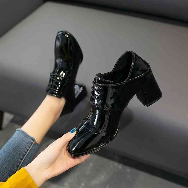 

shoes spring dress patent leather women's high heels lace up heel casual fashion single female quality designer u22-261, Black