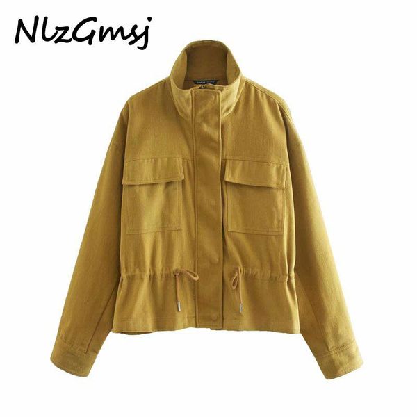 

nlzgmsj 2020 fashion new casual workwear pocket drawstring lapel stand collar yellow women's short jacket, Black;brown