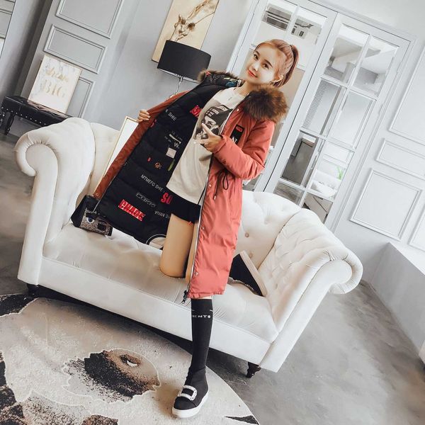 

women's long winter new fashion hooded feather collar down cotton padded jacket, Black