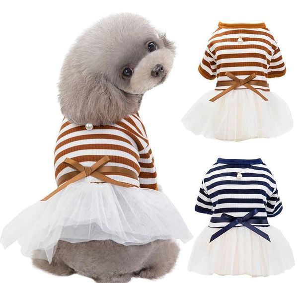 

pet dog stripes pearls gauze tutu dress skirt puppy cat princess dress clothes cotton short sleeves t-shirt apparel jllpaum mx_home