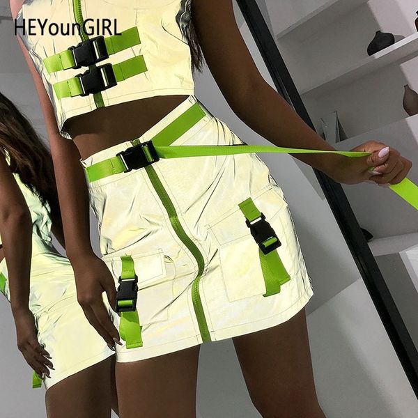 

heyoungirl reflective harajuku skirts womens patchwork neon green strips high waist skirt korean short wrap skirt ladies summer y200326, Black