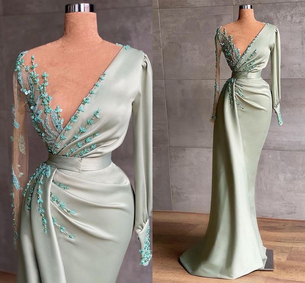 

exquisite sage beading satin mermaid prom dresses long sleeves v-neck evening formal gown pleats arabic dubai vestidos de fiesta robe soiree, Black
