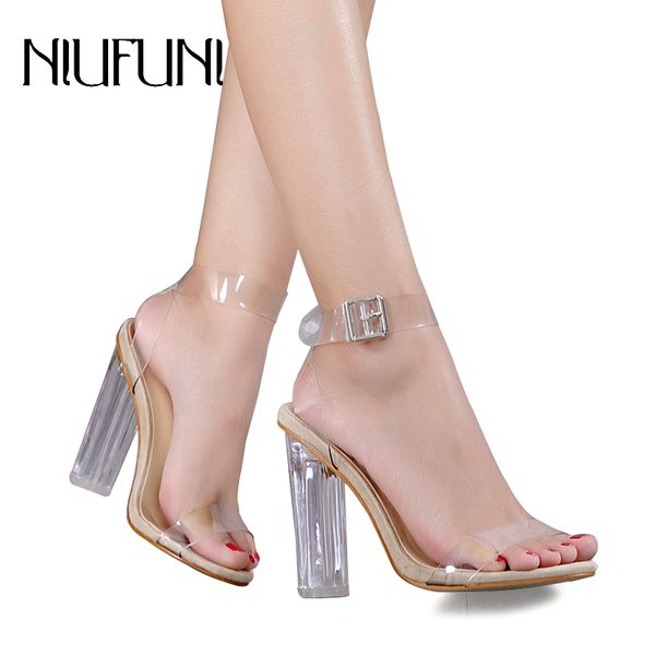 

niufuni women sandals lucite transparent high heels open peep toe sandal thick heeled adjustable buckle lady shoes plus size 42, Black