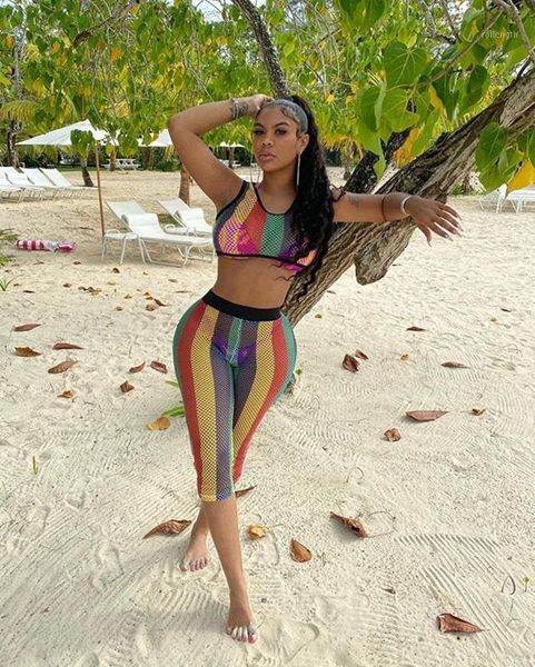

felyn 2020 ins internet celebrity famous 2 pieces jumpsuits mesh rainbow color spaghetti strap summer beach rompers bb82621, Black;white
