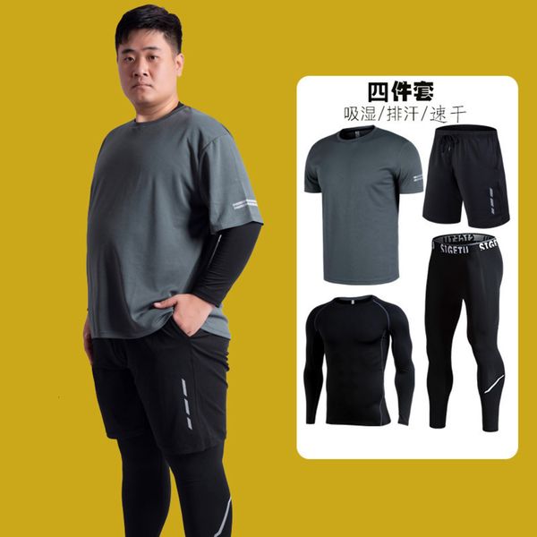 

dry fat fitness men's elastic quick loose exercise suit training sweaty running clothes large 4-piece set, Gray