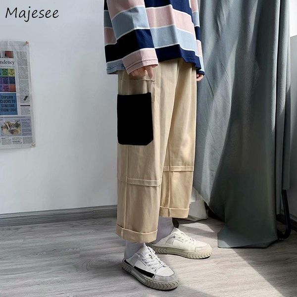 

men casual pants patchwork cargo loose elastic waist ankle-length all-match fashion male bottoms side pockets korean style chic, Black
