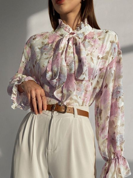 

floral print frill trim flounce sleeve tie neck blouse z5de#, White