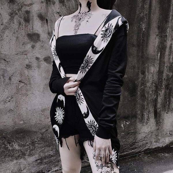 

gothic street women trench coat cartoon print open stitch full sleeve hooded autumn winter long outwear office ladies overcoats, Tan;black