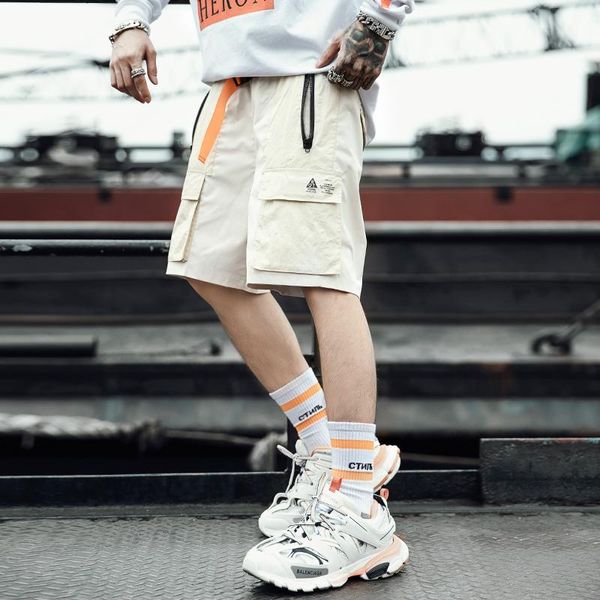 

fashion men shorts cargo trousers multi-pocket 2020 summer new design casual bermuda shorts ribbons mens beach, White;black