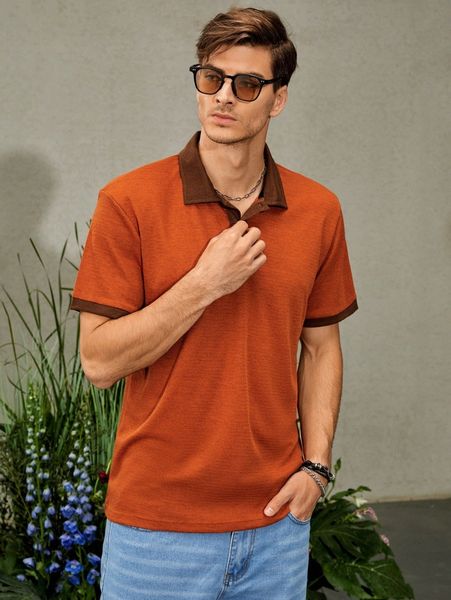 

men contrast trim polo shirt r51m#, White;black