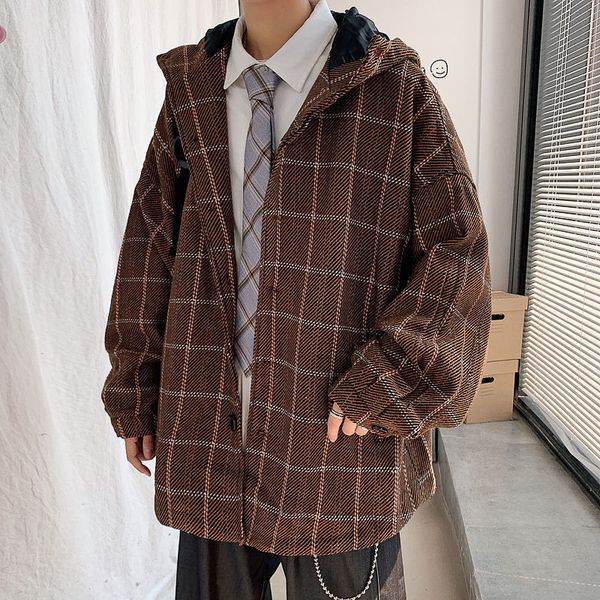 

autumn and winter thicken plaid wool men's korean fashion cool young people's woolen fat size jacket, Black;brown