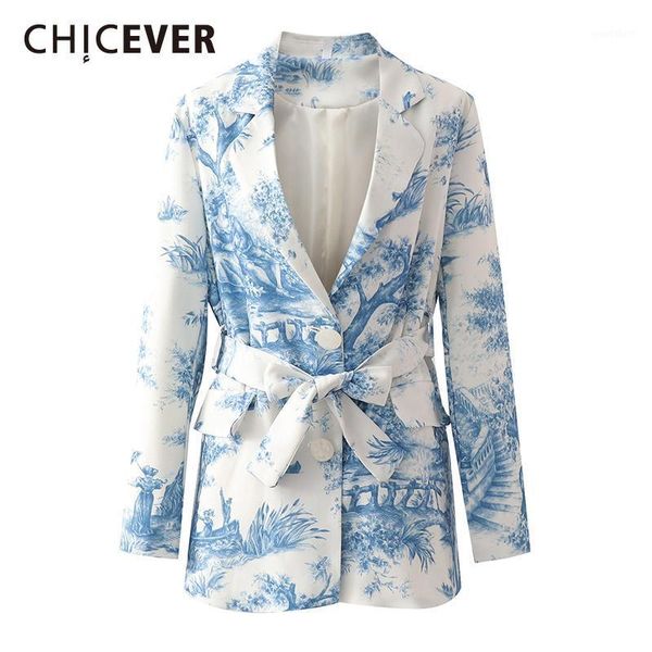 

chicever vintage print blazer for women notched long sleeve high waist with sashes casual loose blazers female fashion new style1, White;black