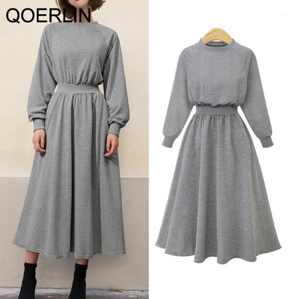 

qoerlin l-5xl big size sweatshirts dress women winter fall thin dress elastic waist high waist solid black long maxi pull1, Black;gray