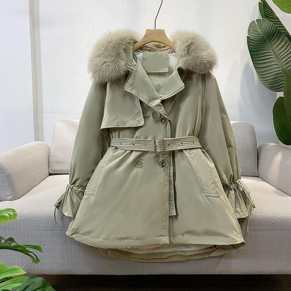 

winter double-breasted windbreak down long jacket women white duck coat belt snow parkas outwear detachable down liner hooded1, Black