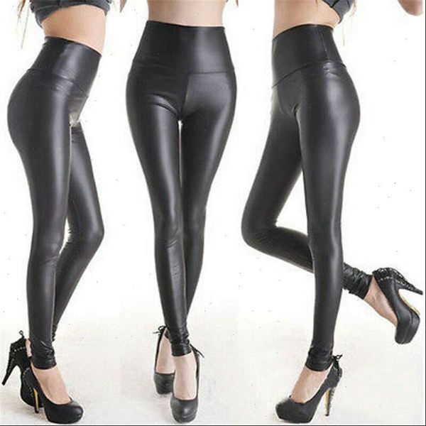 

fashion casual womens ladies high waist solid black faux leather wet look stretch tight pu slim fit long trousers