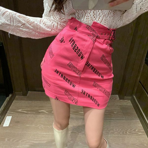 

autumn 2020 new letter print belt a-line hip high waist irregular short skirt women's dress