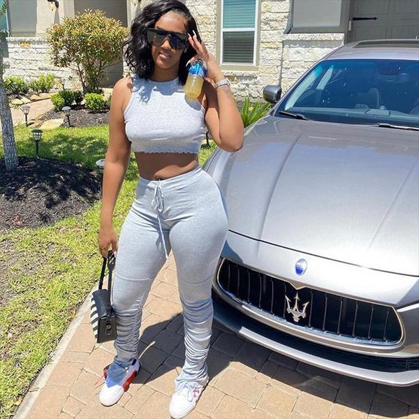

joggers sweatpants set tracksuit women 2 piece set summer sport crop and stacked leggings pants set casual two piece outfits, Gray