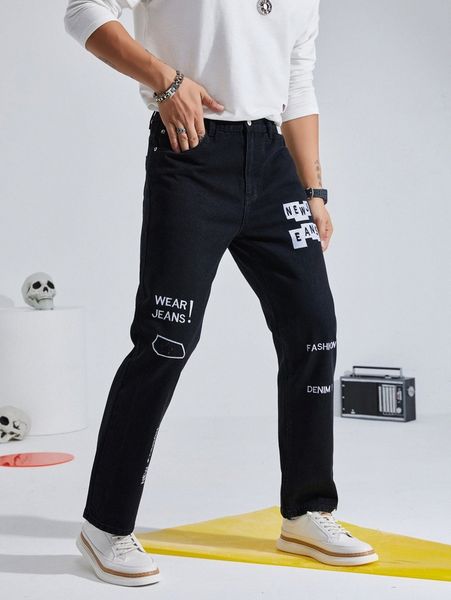 

men slogan embroidery slant pocket jeans z1zb#, Blue